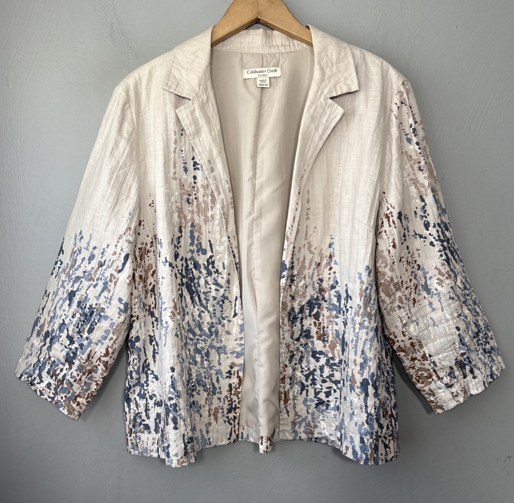 Coldwater Creek Jacket Size Medium 100% Linen Open Front 3/4 Sleeve Boho Chic